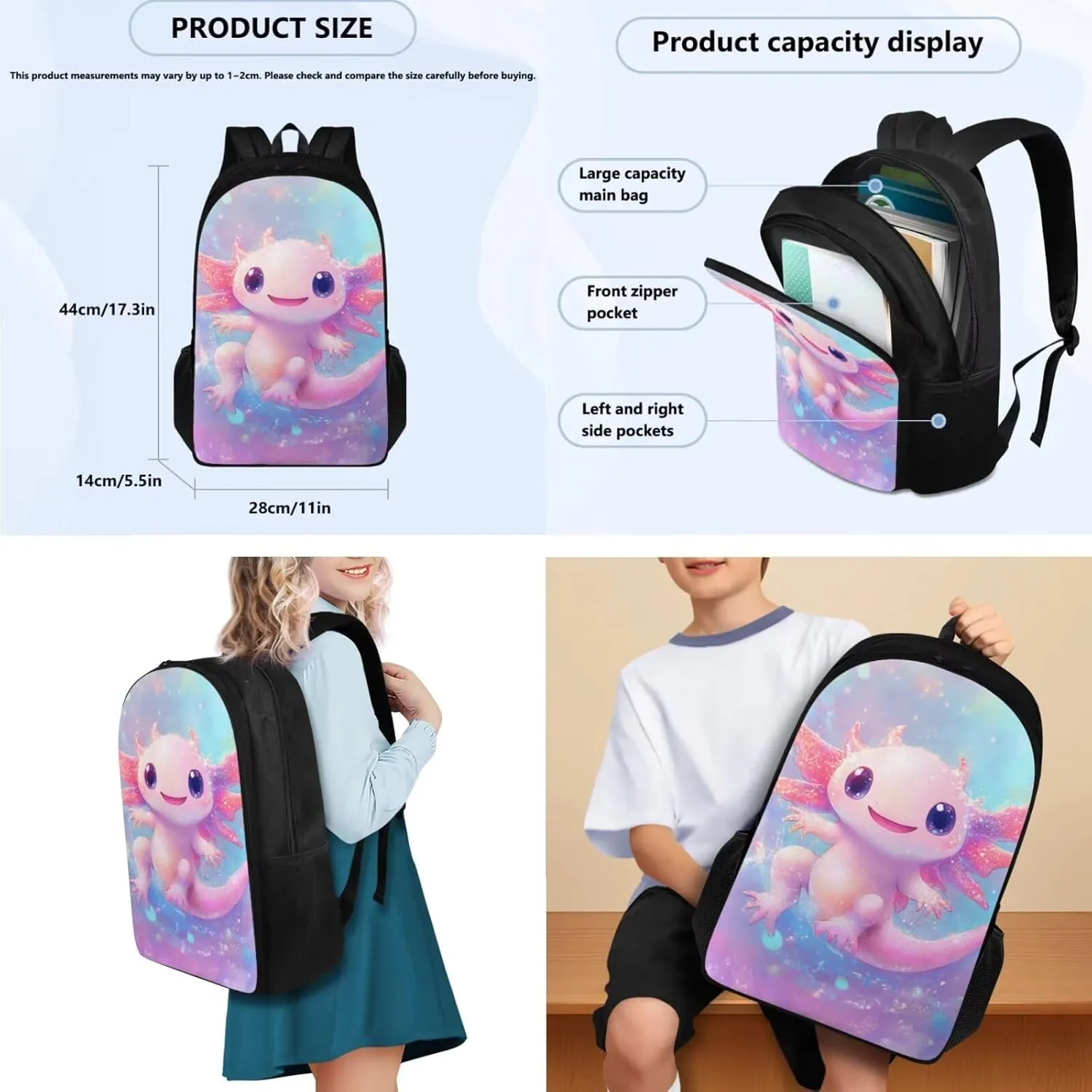 FOR U DESIGNS Axolotl Backpack with Lunchbox Large Capacity Girls Bookbag Ages 8-10 Lightweight School Bag for 5th Grade Girls Ergonomic Adjustable Straps 3 in 1 Travel Daypack