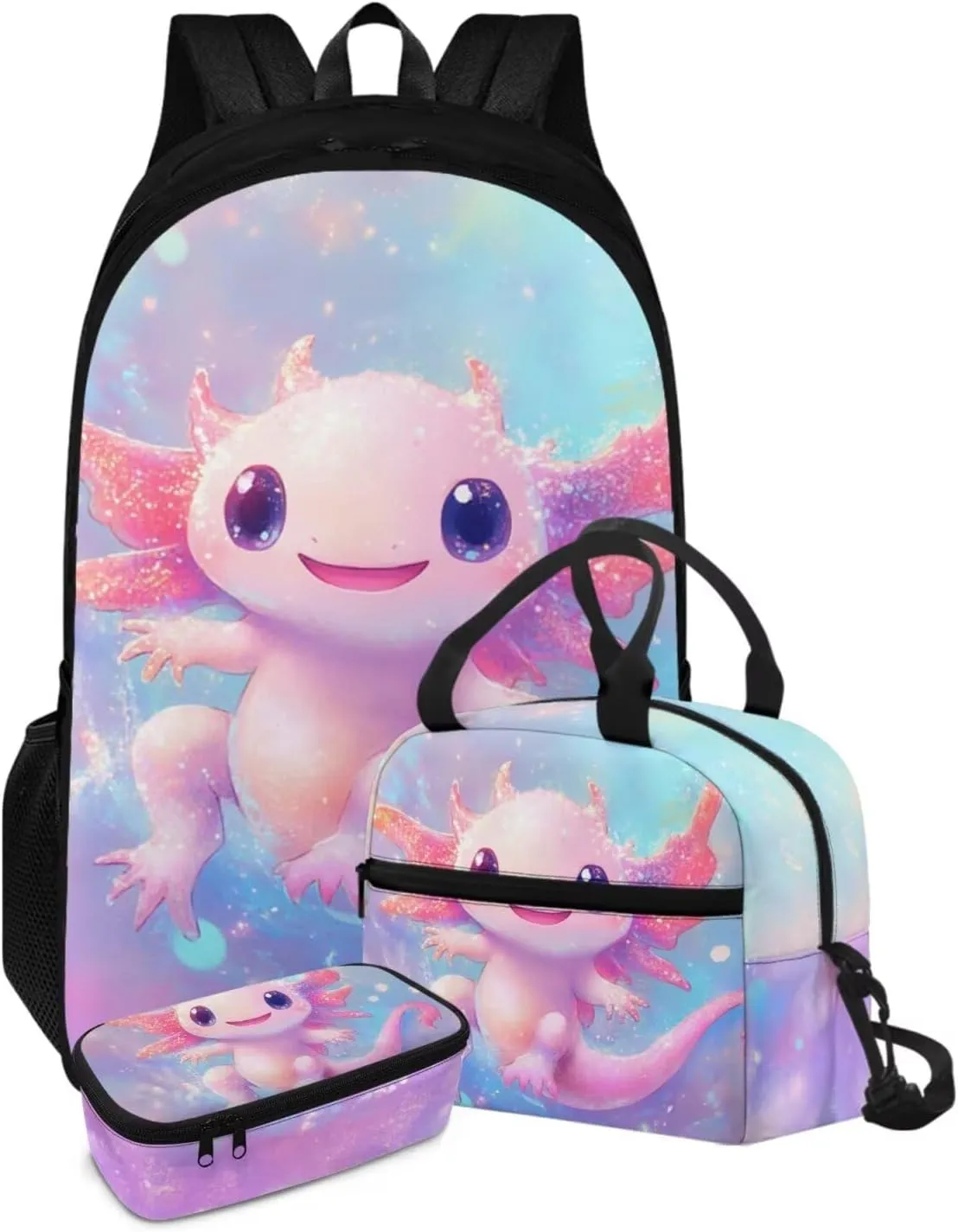 FOR U DESIGNS Axolotl Backpack with Lunchbox Large Capacity Girls Bookbag Ages 8-10 Lightweight School Bag for 5th Grade Girls Ergonomic Adjustable Straps 3 in 1 Travel Daypack