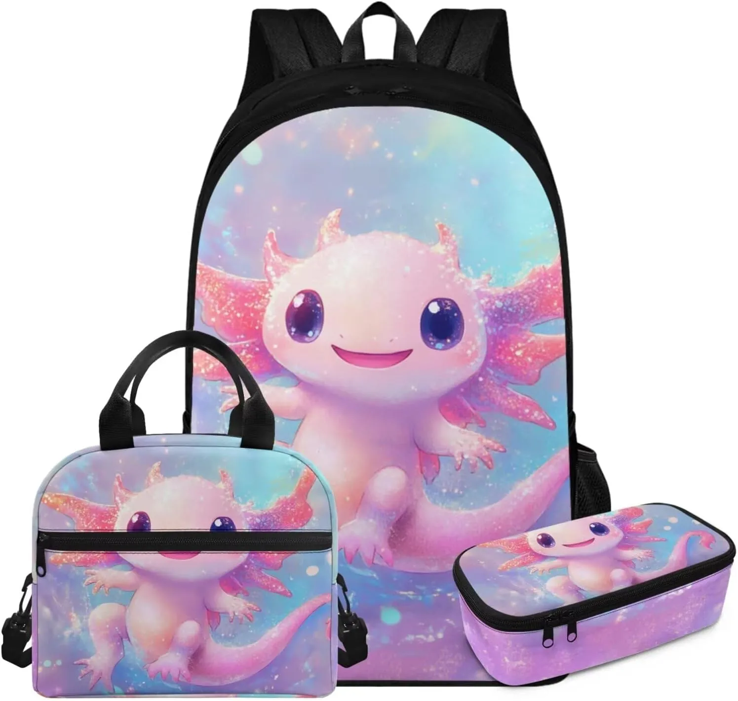 FOR U DESIGNS Axolotl Backpack with Lunchbox Large Capacity Girls Bookbag Ages 8-10 Lightweight School Bag for 5th Grade Girls Ergonomic Adjustable Straps 3 in 1 Travel Daypack
