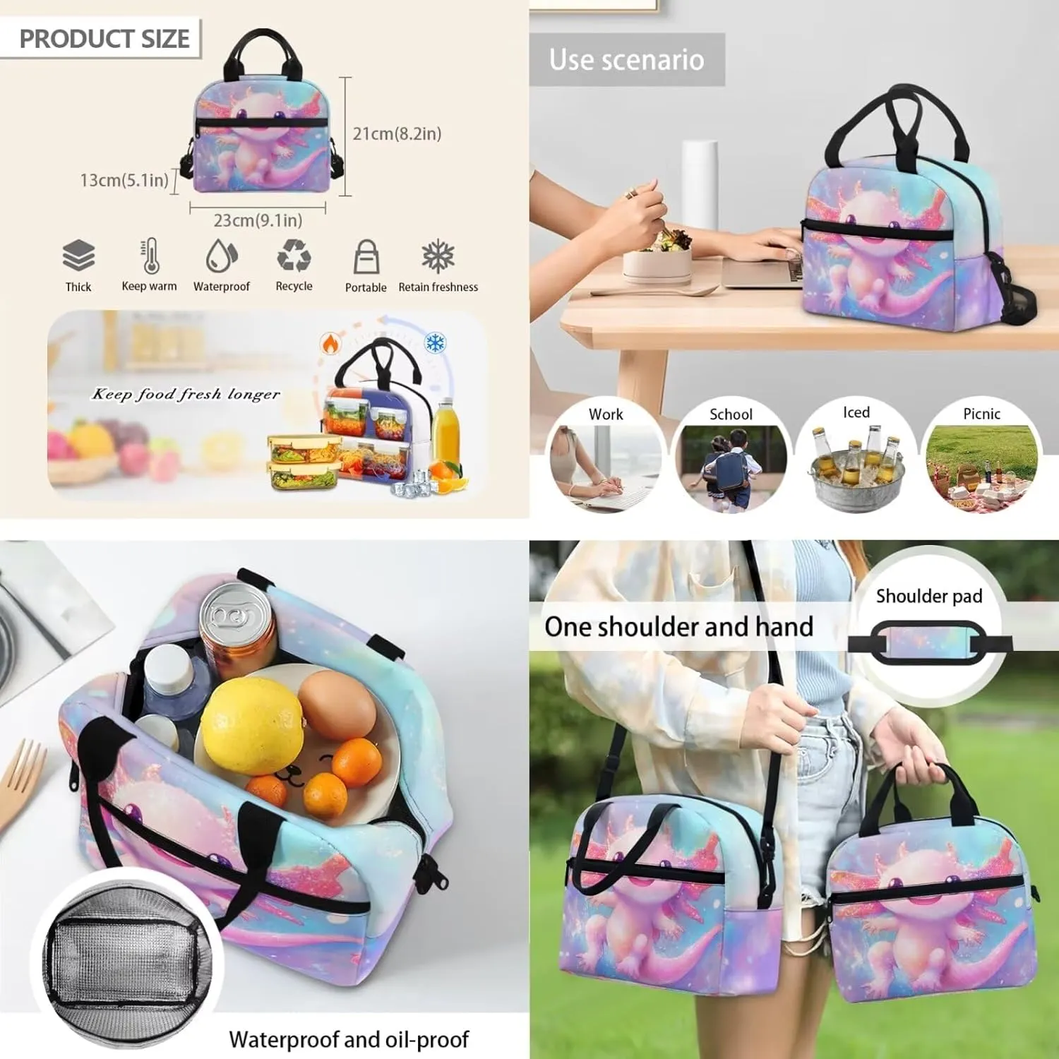 FOR U DESIGNS Axolotl Backpack with Lunchbox Large Capacity Girls Bookbag Ages 8-10 Lightweight School Bag for 5th Grade Girls Ergonomic Adjustable Straps 3 in 1 Travel Daypack