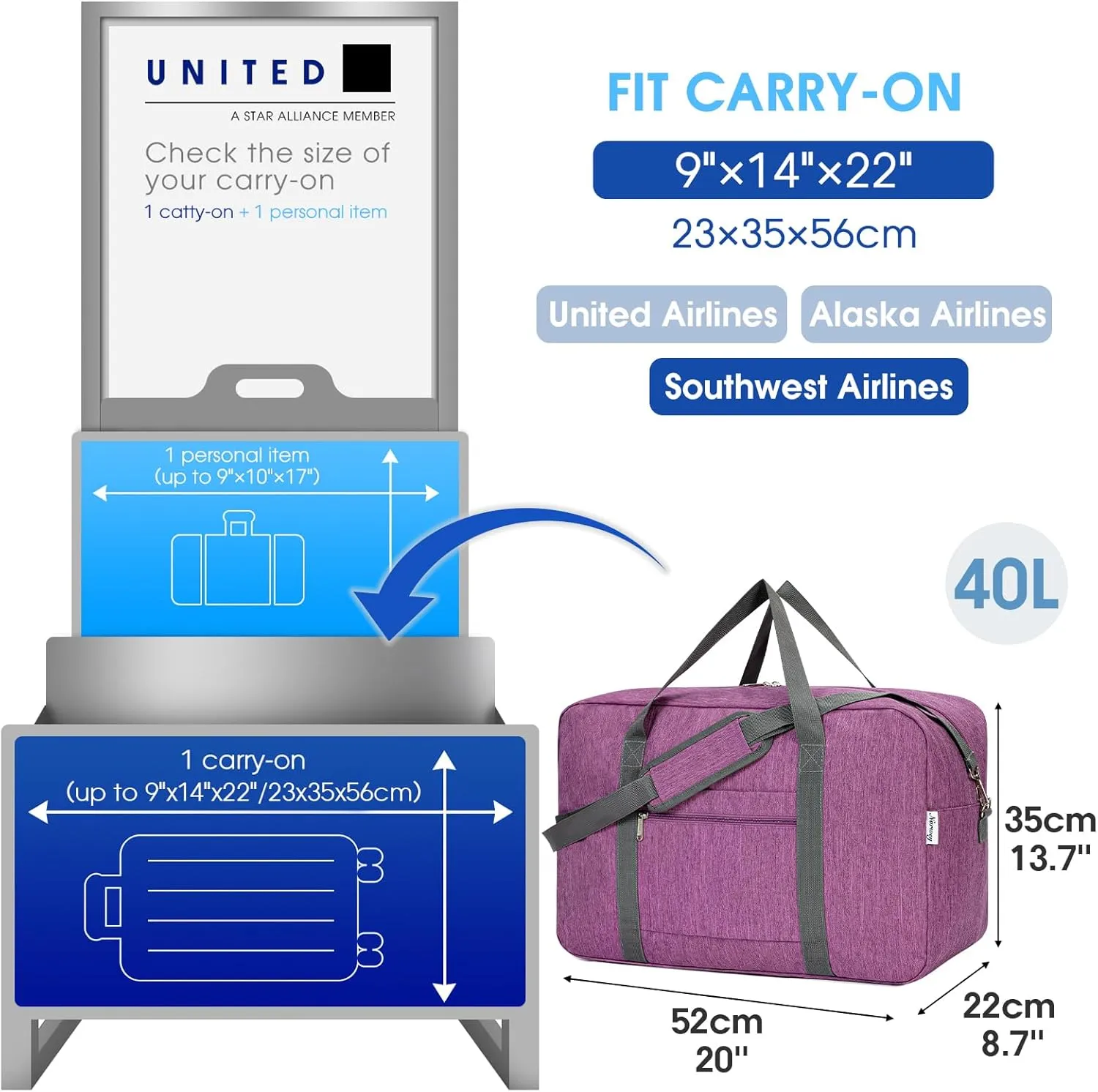 For United Airlines Foldable Carry on Bag 22x14x9 Travel Duffel Bag Packable luggage Duffle for Women and Men 40L (Dark Purple)
