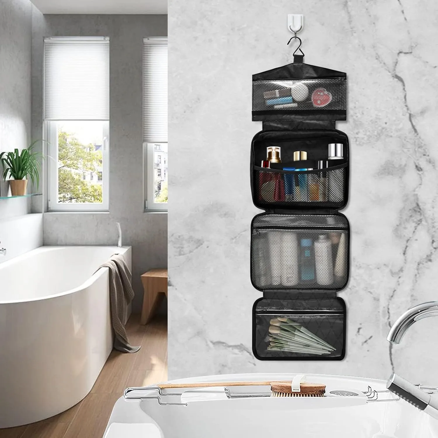 Forest Moose Bear Mountain Trees Wild Nature Retro Grey Style 1 PC Hanging Travel Wash bag with Handles, Portable Makeup Organizer Brush Storage Case Portable Travel Cosmetic with Hook M