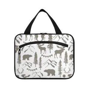 Forest Moose Bear Mountain Trees Wild Nature Retro Grey Style 1 PC Hanging Travel Wash bag with Handles, Portable Makeup Organizer Brush Storage Case Portable Travel Cosmetic with Hook M