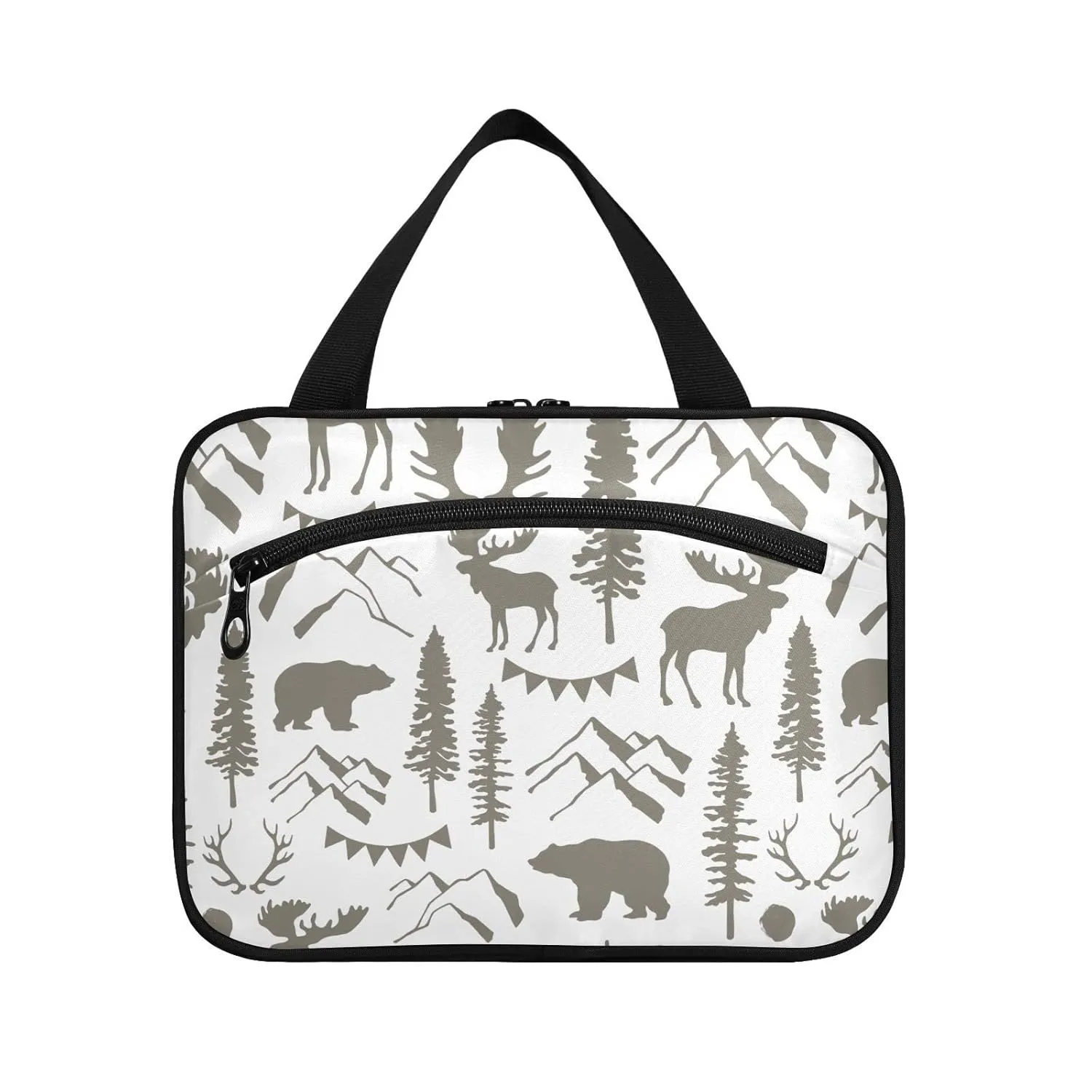 Forest Moose Bear Mountain Trees Wild Nature Retro Grey Style 1 PC Hanging Travel Wash bag with Handles, Portable Makeup Organizer Brush Storage Case Portable Travel Cosmetic with Hook M