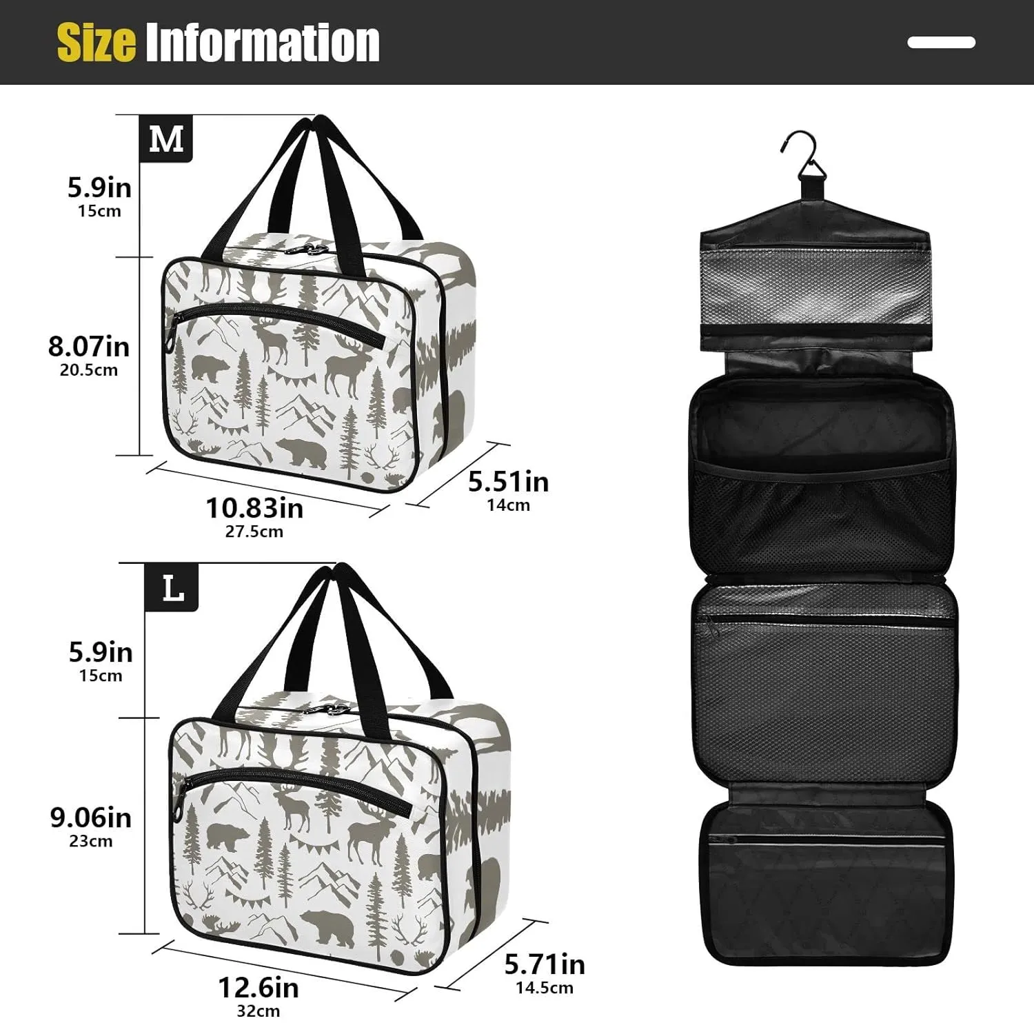 Forest Moose Bear Mountain Trees Wild Nature Retro Grey Style 1 PC Hanging Travel Wash bag with Handles, Portable Makeup Organizer Brush Storage Case Portable Travel Cosmetic with Hook M