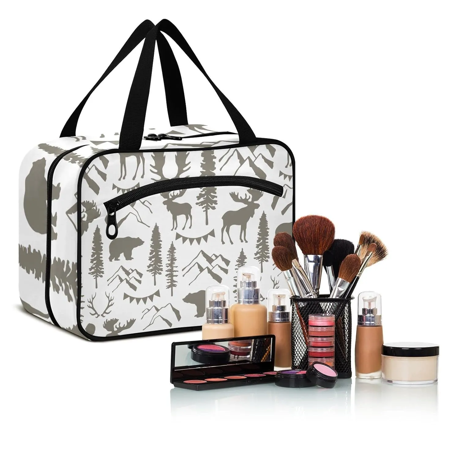 Forest Moose Bear Mountain Trees Wild Nature Retro Grey Style 1 PC Hanging Travel Wash bag with Handles, Portable Makeup Organizer Brush Storage Case Portable Travel Cosmetic with Hook M