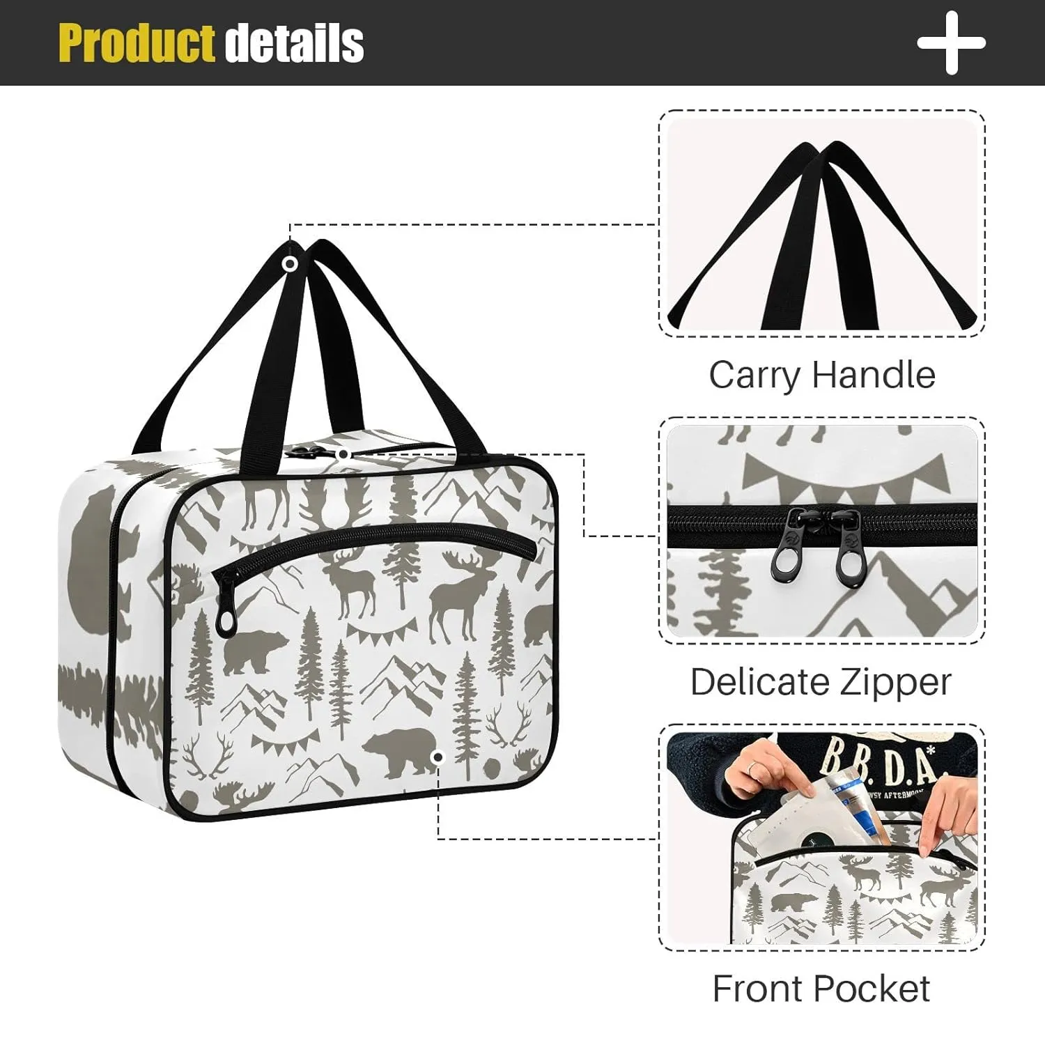 Forest Moose Bear Mountain Trees Wild Nature Retro Grey Style 1 PC Hanging Travel Wash bag with Handles, Portable Makeup Organizer Brush Storage Case Portable Travel Cosmetic with Hook M
