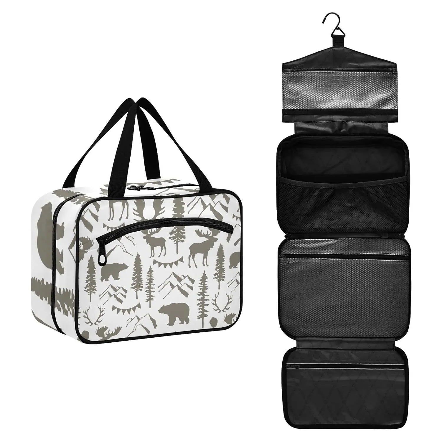 Forest Moose Bear Mountain Trees Wild Nature Retro Grey Style 1 PC Hanging Travel Wash bag with Handles, Portable Makeup Organizer Brush Storage Case Portable Travel Cosmetic with Hook M