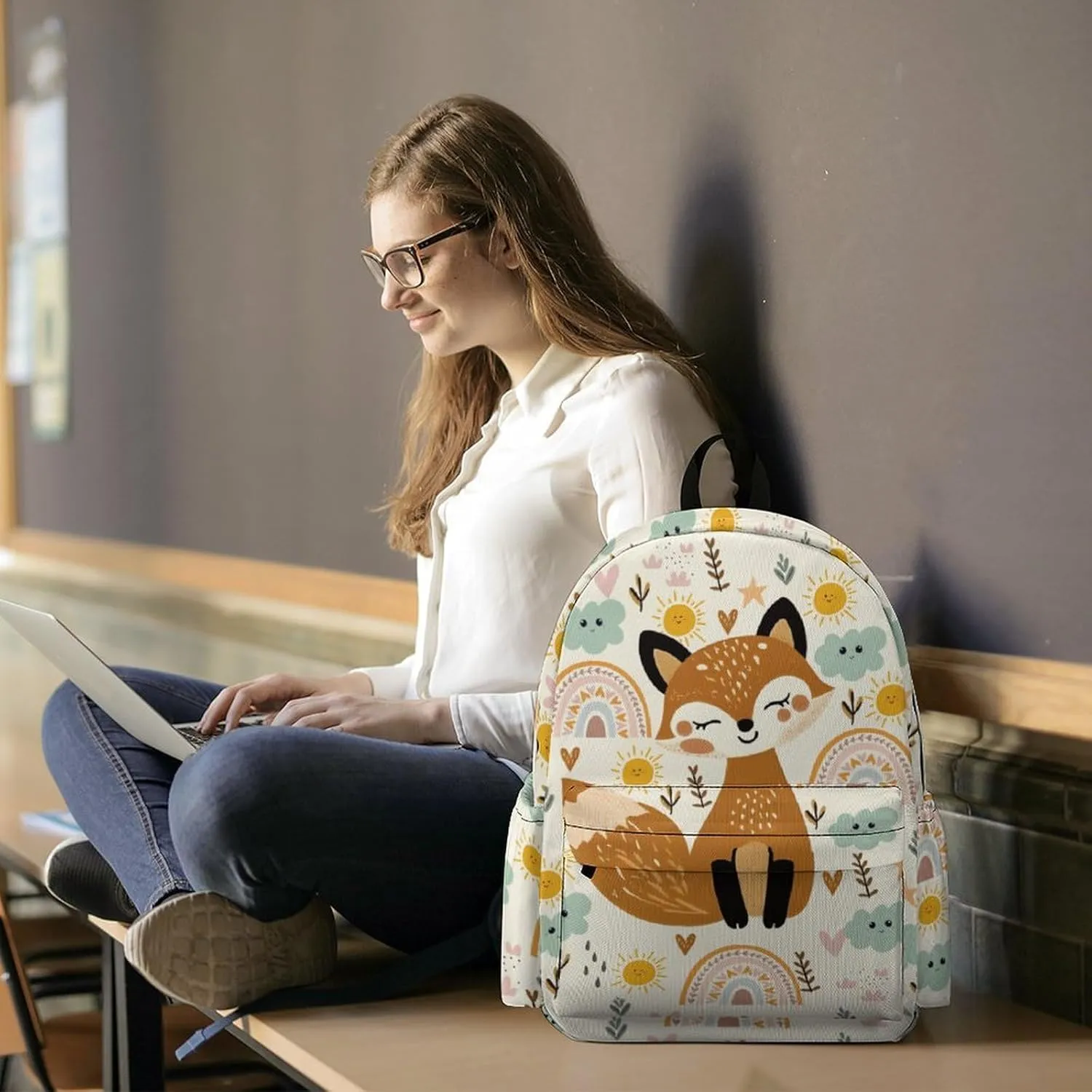 Fox Backpack for Boys Kids Girls School Bag 16.5 Inch Cartoon Fox Bookbag Travel Backpack