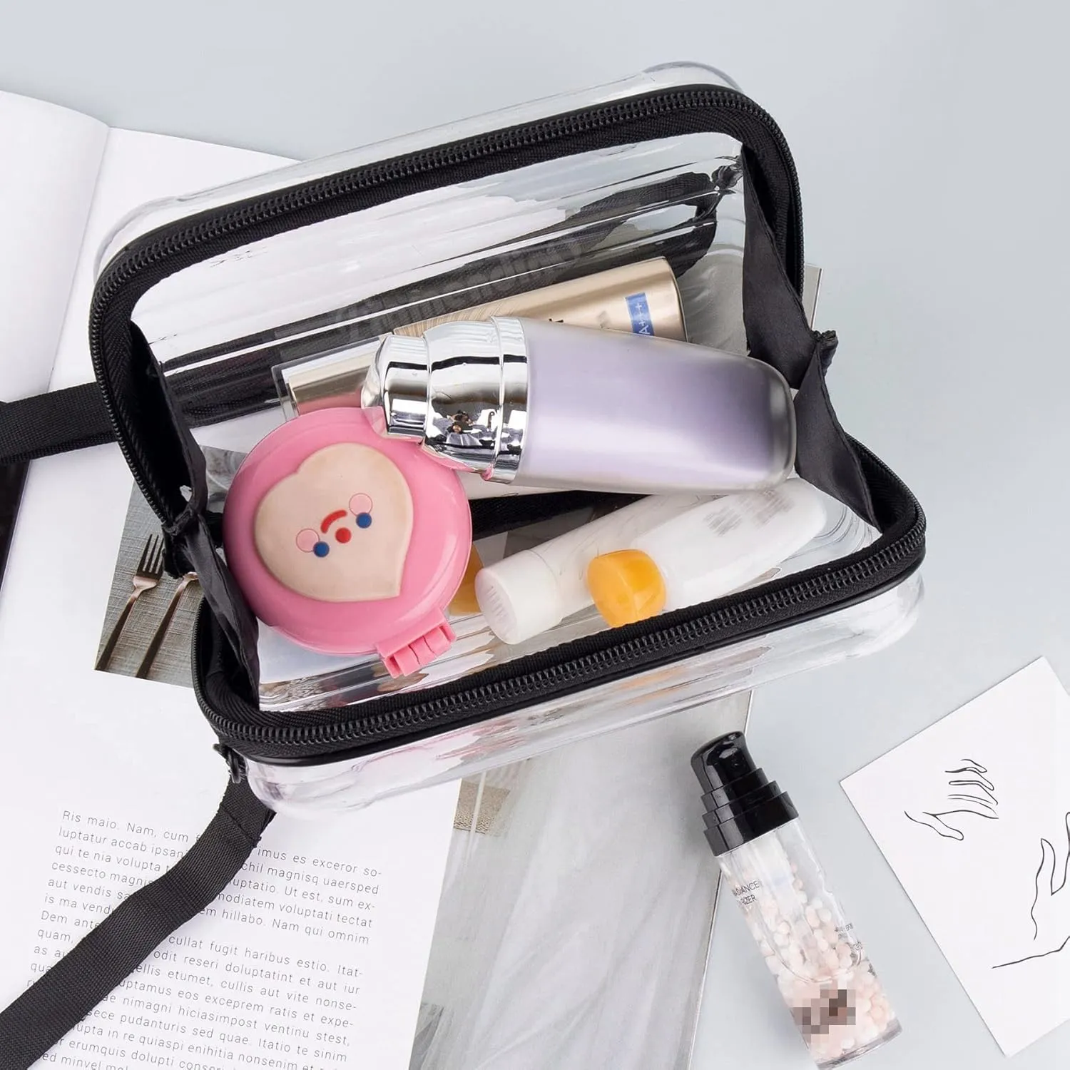 Framendino, Transparent Hard Shell Cosmetics Case Carrying Bag for Toiletry Mini Cross Body with Detachable Grip Rope and Shoulder Strap Women