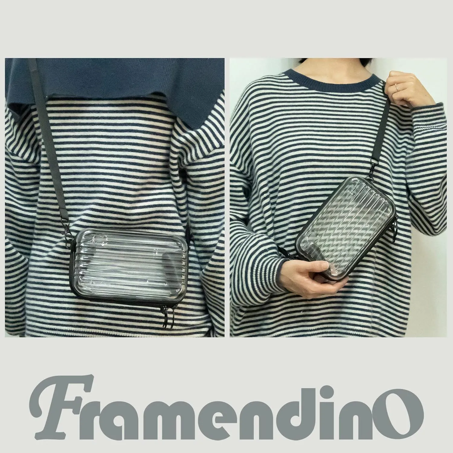 Framendino, Transparent Hard Shell Cosmetics Case Carrying Bag for Toiletry Mini Cross Body with Detachable Grip Rope and Shoulder Strap Women