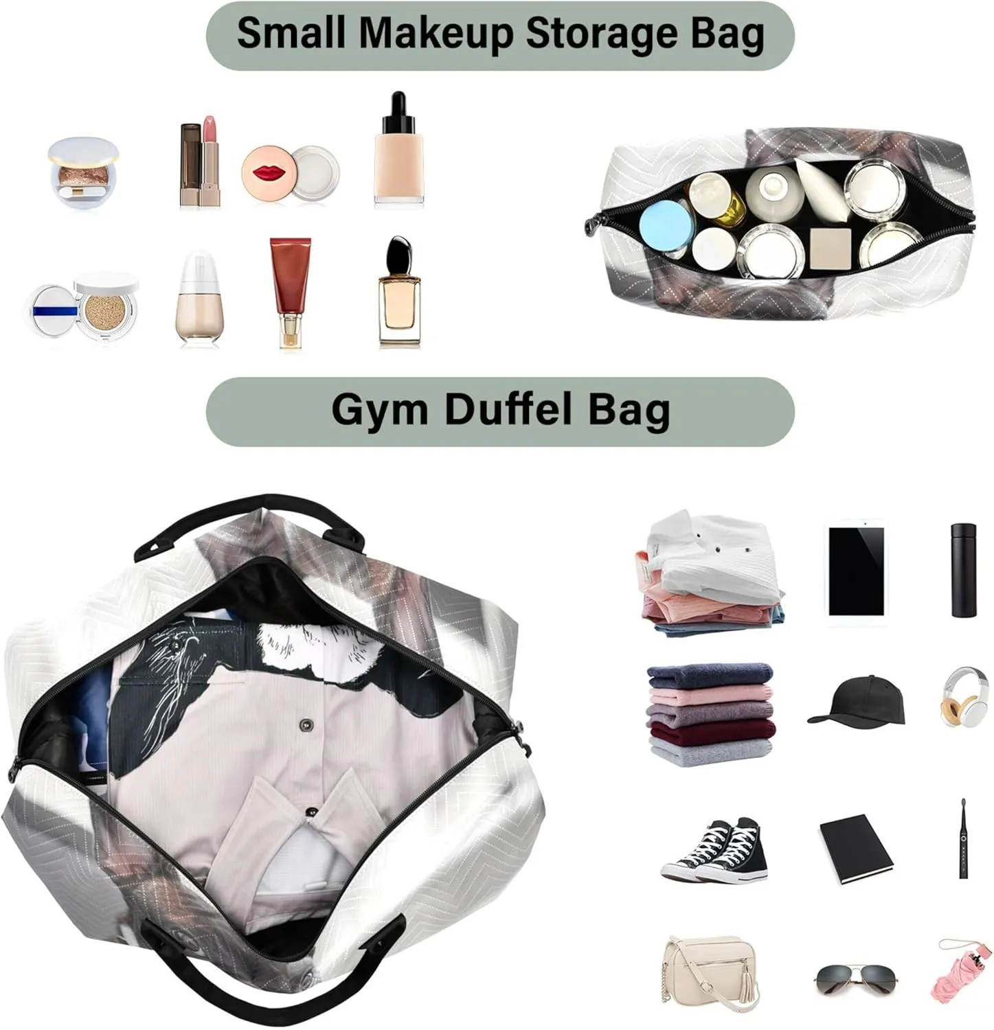 French Bulldog Working Office Travel Duffel Bag Cosmetic Bags Set of 2, Cute Print Womens Gym Tote Overnight Bags