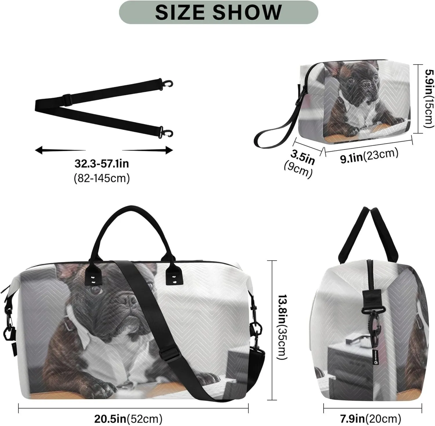 French Bulldog Working Office Travel Duffel Bag Cosmetic Bags Set of 2, Cute Print Womens Gym Tote Overnight Bags