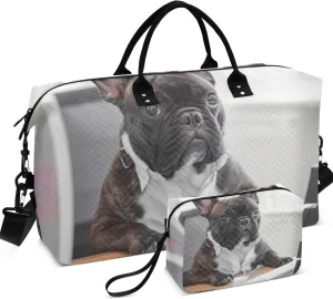 French Bulldog Working Office Travel Duffel Bag Cosmetic Bags Set of 2, Cute Print Womens Gym Tote Overnight Bags