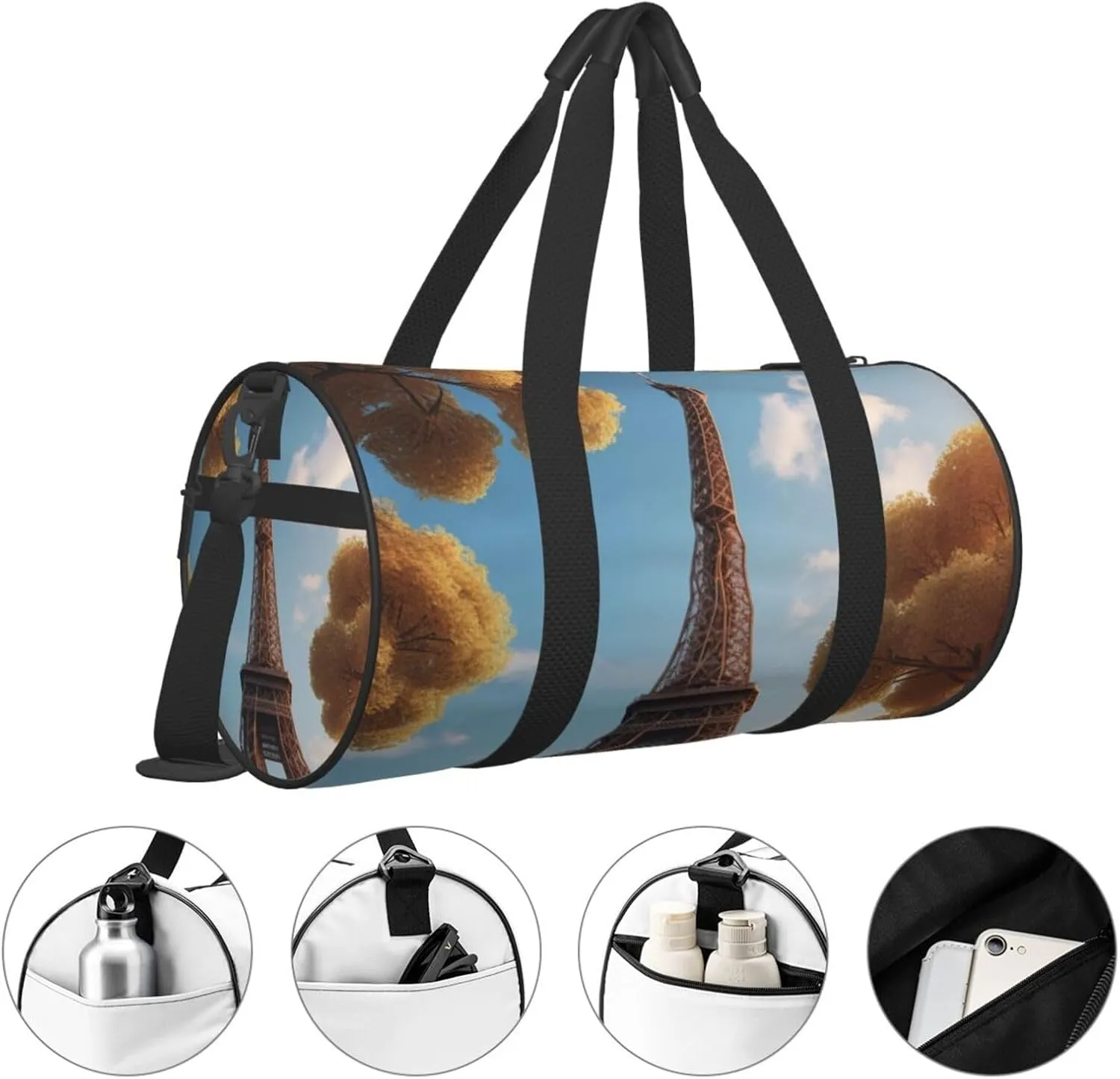 French Paris Tour Eiffel Tower Printed Travel Bag,Round Personal Item Storage bag,Foldie Duffel Bag for Traveling Vacation,Fitness,Sports