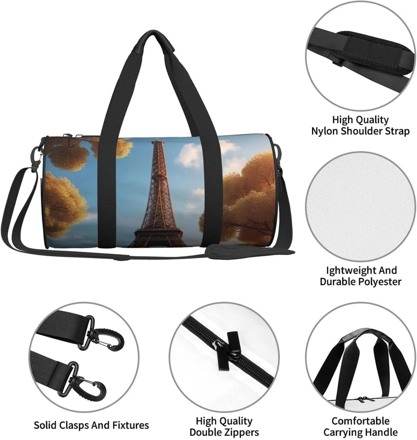 French Paris Tour Eiffel Tower Printed Travel Bag,Round Personal Item Storage bag,Foldie Duffel Bag for Traveling Vacation,Fitness,Sports