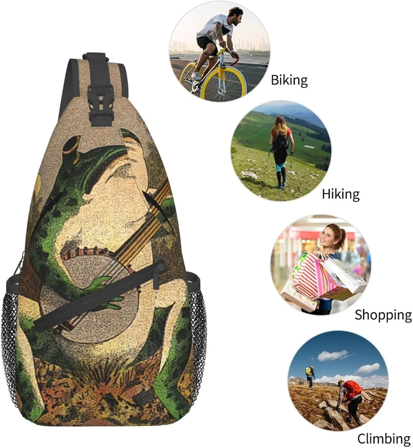 Frog Playing Banjo Crossbody Backpack Dachshunds Dog Chest Bag Lightweight One Strap Backpack Multipurpose Travel Hiking For Men Women