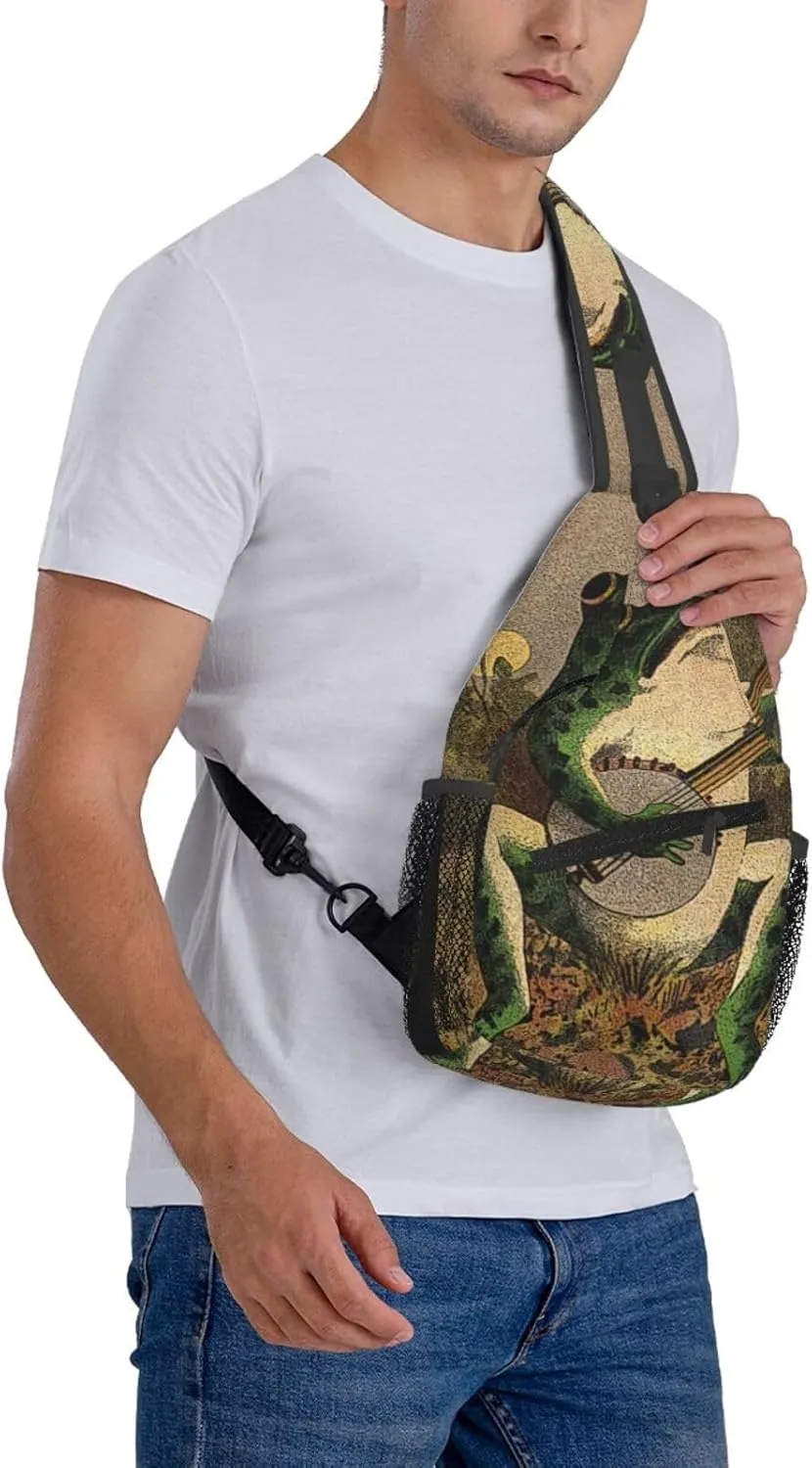 Frog Playing Banjo Crossbody Backpack Dachshunds Dog Chest Bag Lightweight One Strap Backpack Multipurpose Travel Hiking For Men Women