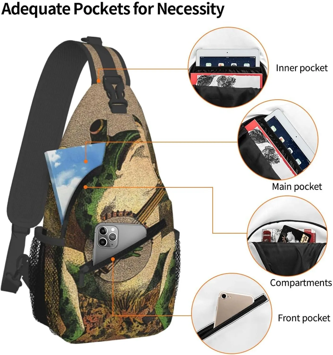 Frog Playing Banjo Crossbody Backpack Dachshunds Dog Chest Bag Lightweight One Strap Backpack Multipurpose Travel Hiking For Men Women