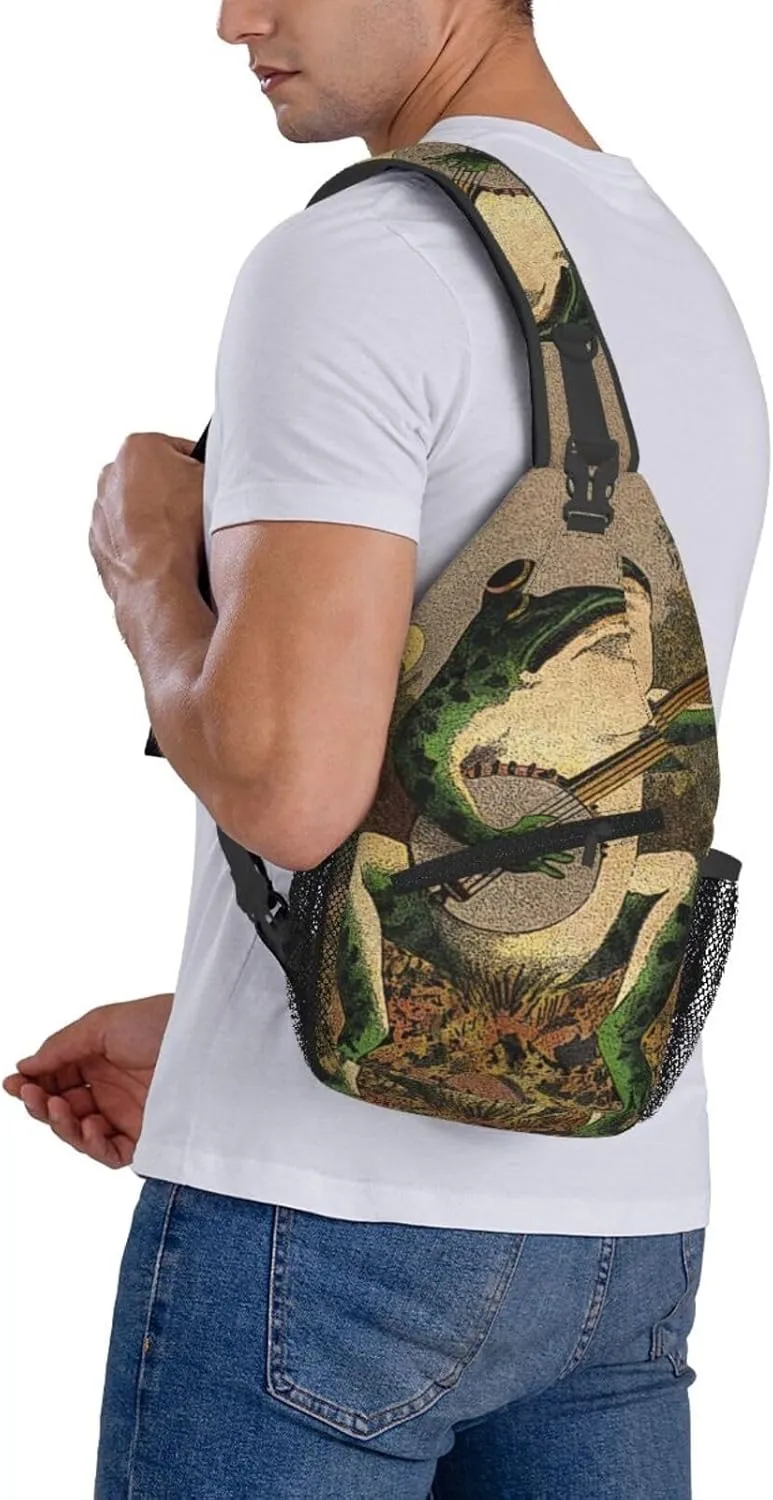 Frog Playing Banjo Crossbody Backpack Dachshunds Dog Chest Bag Lightweight One Strap Backpack Multipurpose Travel Hiking For Men Women