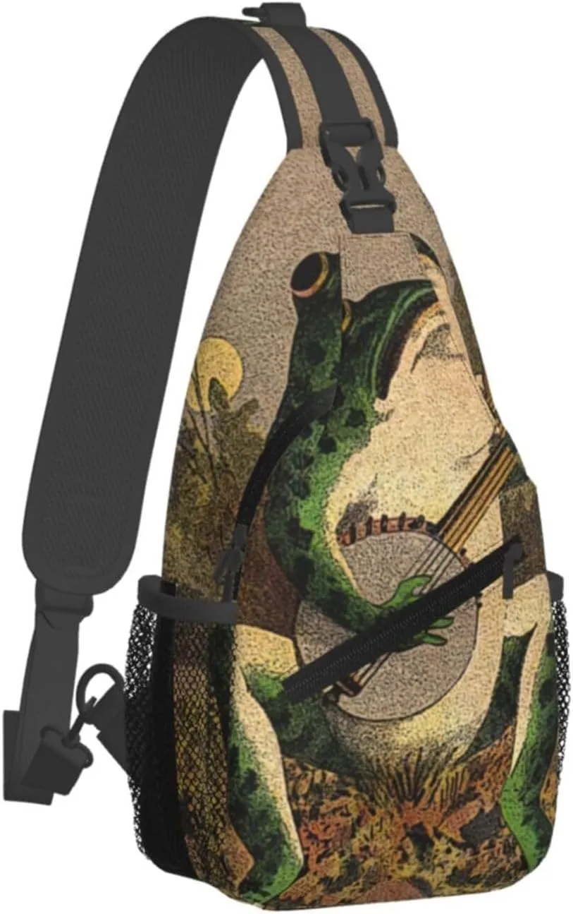 Frog Playing Banjo Crossbody Backpack Dachshunds Dog Chest Bag Lightweight One Strap Backpack Multipurpose Travel Hiking For Men Women