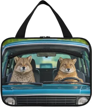 Funny Animal Drive Outing Brown hanging large capacity travel cosmetic bag with hook, designer compact tote bag for travel make up gym maleta para maquillaje L