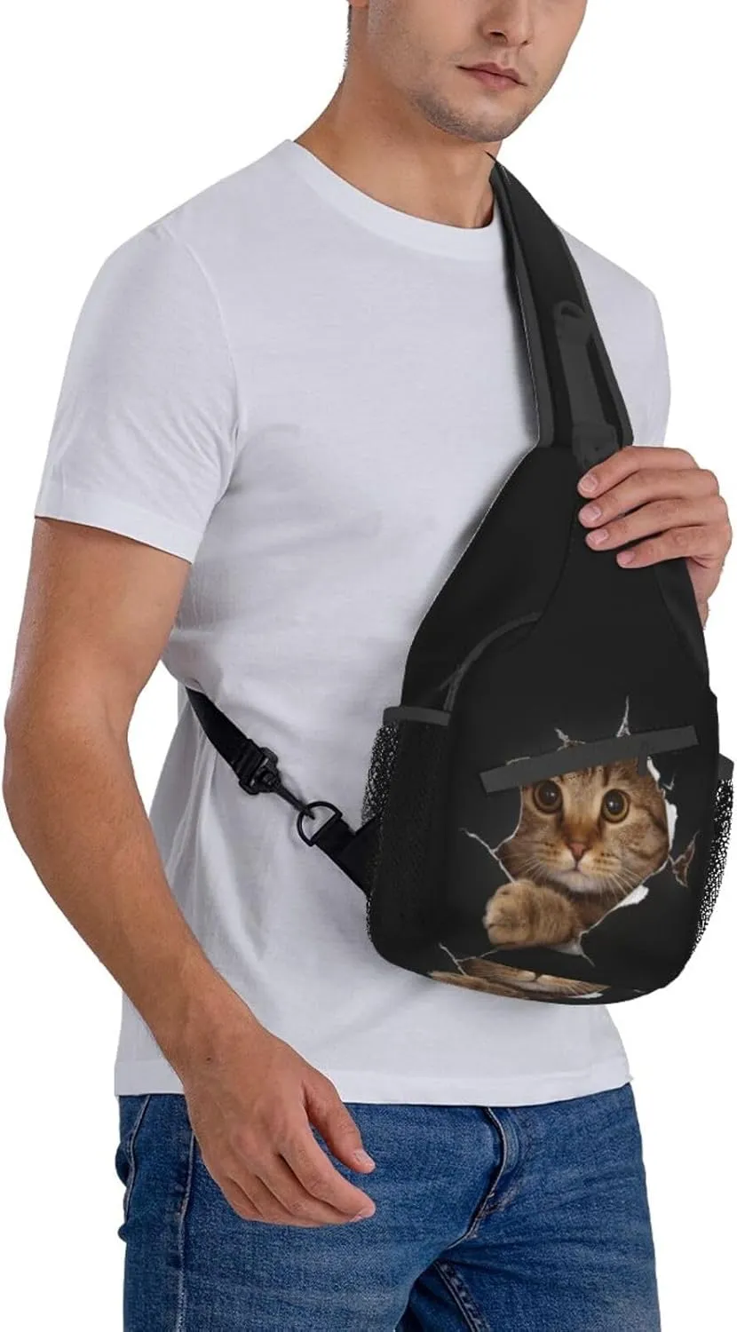 Funny Cat in Hole Black Small Sling Bag for Women Men Crossbody Backpack Casual Hiking Daypack Chest Shoulder Bag with Adjustable Strap