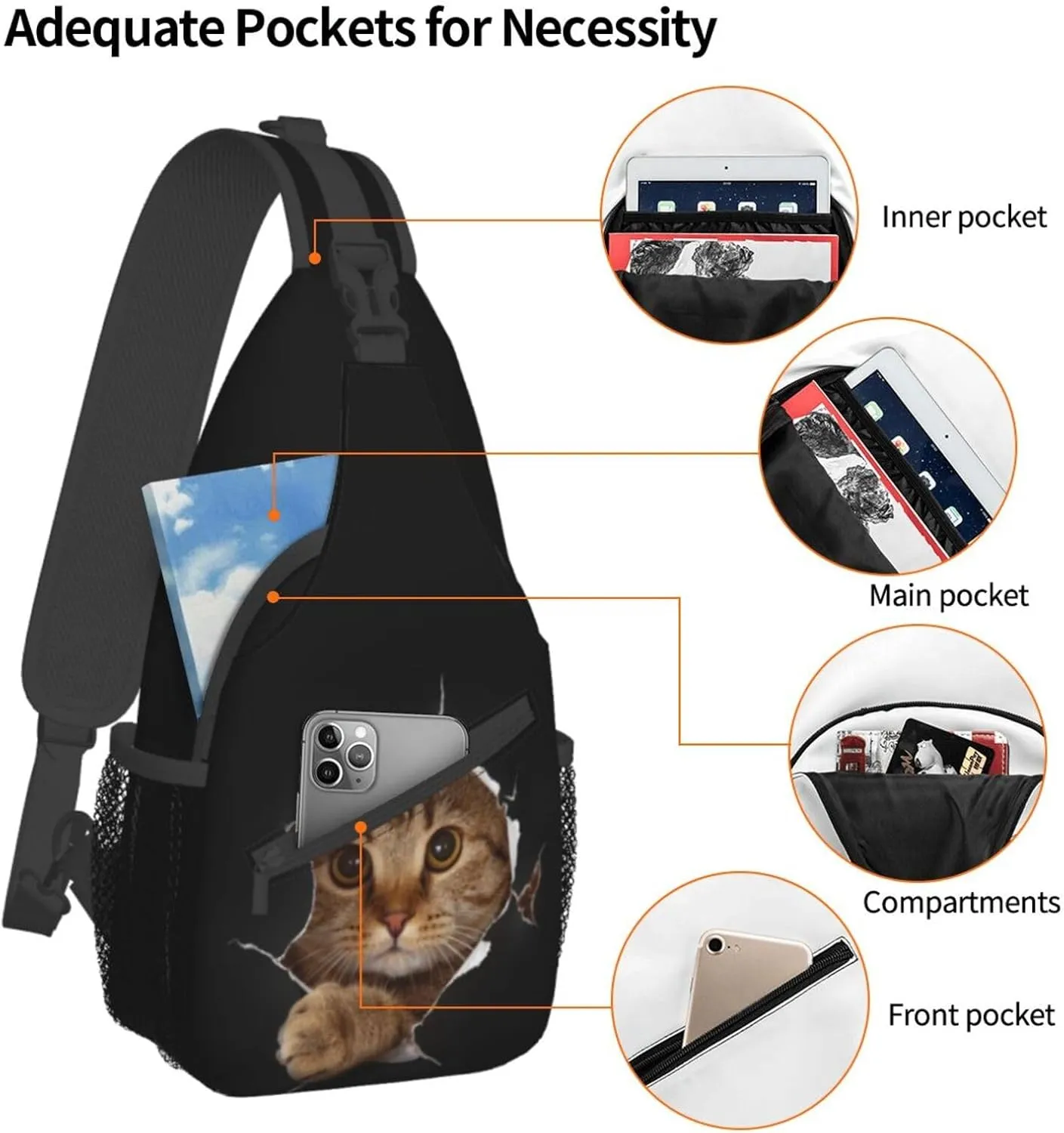 Funny Cat in Hole Black Small Sling Bag for Women Men Crossbody Backpack Casual Hiking Daypack Chest Shoulder Bag with Adjustable Strap