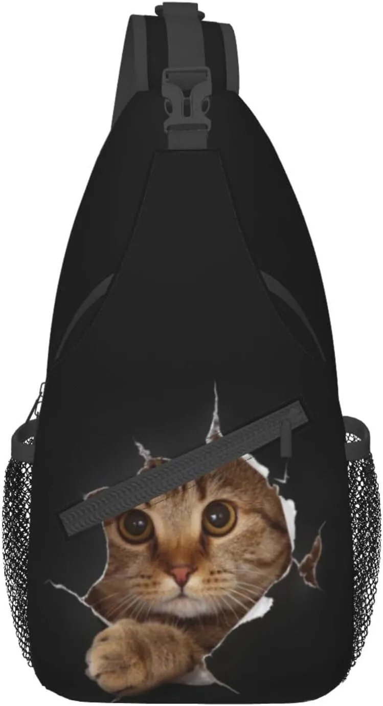 Funny Cat in Hole Black Small Sling Bag for Women Men Crossbody Backpack Casual Hiking Daypack Chest Shoulder Bag with Adjustable Strap