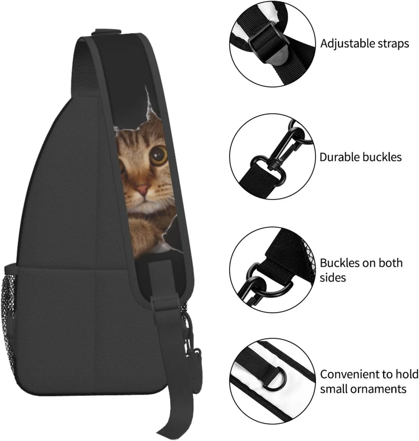 Funny Cat in Hole Black Small Sling Bag for Women Men Crossbody Backpack Casual Hiking Daypack Chest Shoulder Bag with Adjustable Strap