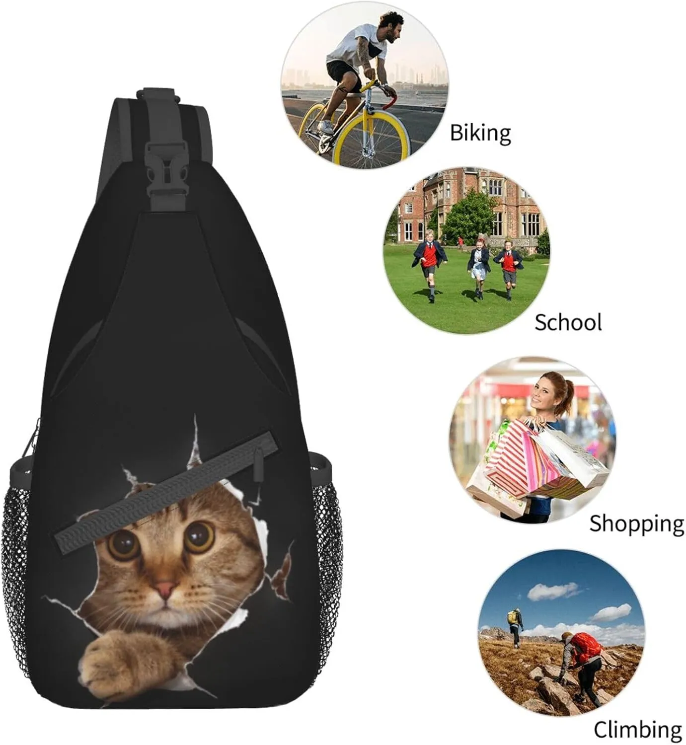 Funny Cat in Hole Black Small Sling Bag for Women Men Crossbody Backpack Casual Hiking Daypack Chest Shoulder Bag with Adjustable Strap