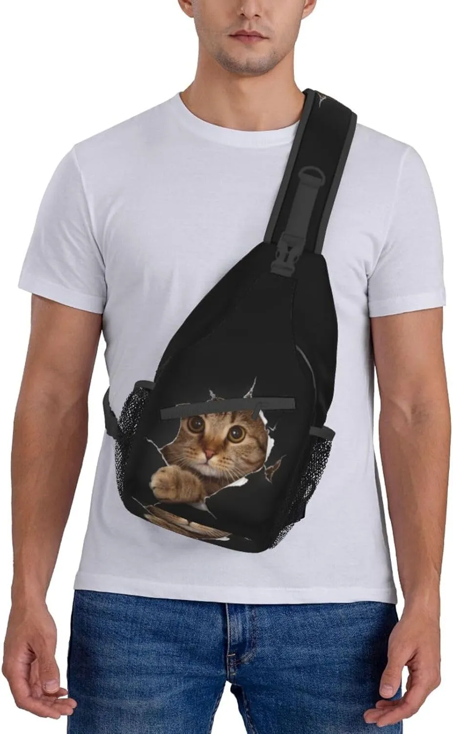 Funny Cat in Hole Black Small Sling Bag for Women Men Crossbody Backpack Casual Hiking Daypack Chest Shoulder Bag with Adjustable Strap