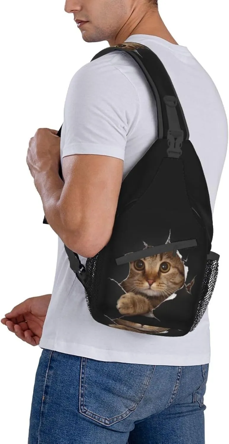 Funny Cat in Hole Black Small Sling Bag for Women Men Crossbody Backpack Casual Hiking Daypack Chest Shoulder Bag with Adjustable Strap