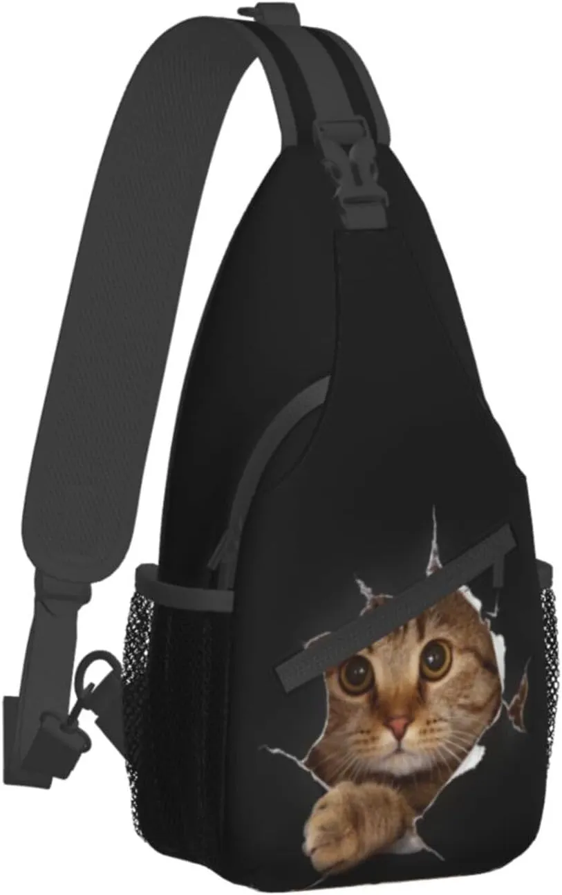 Funny Cat in Hole Black Small Sling Bag for Women Men Crossbody Backpack Casual Hiking Daypack Chest Shoulder Bag with Adjustable Strap