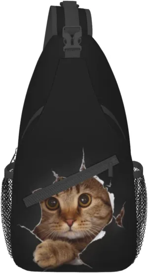 Funny Cat in Hole Black Small Sling Bag for Women Men Crossbody Backpack Casual Hiking Daypack Chest Shoulder Bag with Adjustable Strap