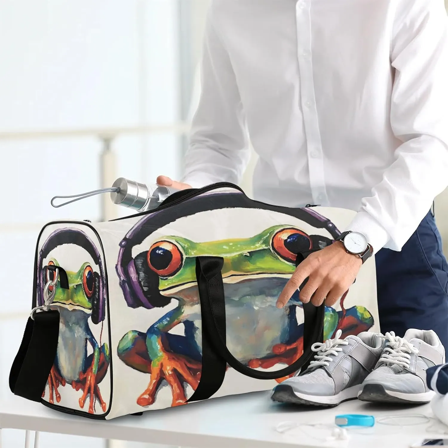 Funny Frog Duffle Bag for Travel, Overnight Weekend Gym Carry On Luggage Bag, Cute Travel Duffel Bag for Men Women