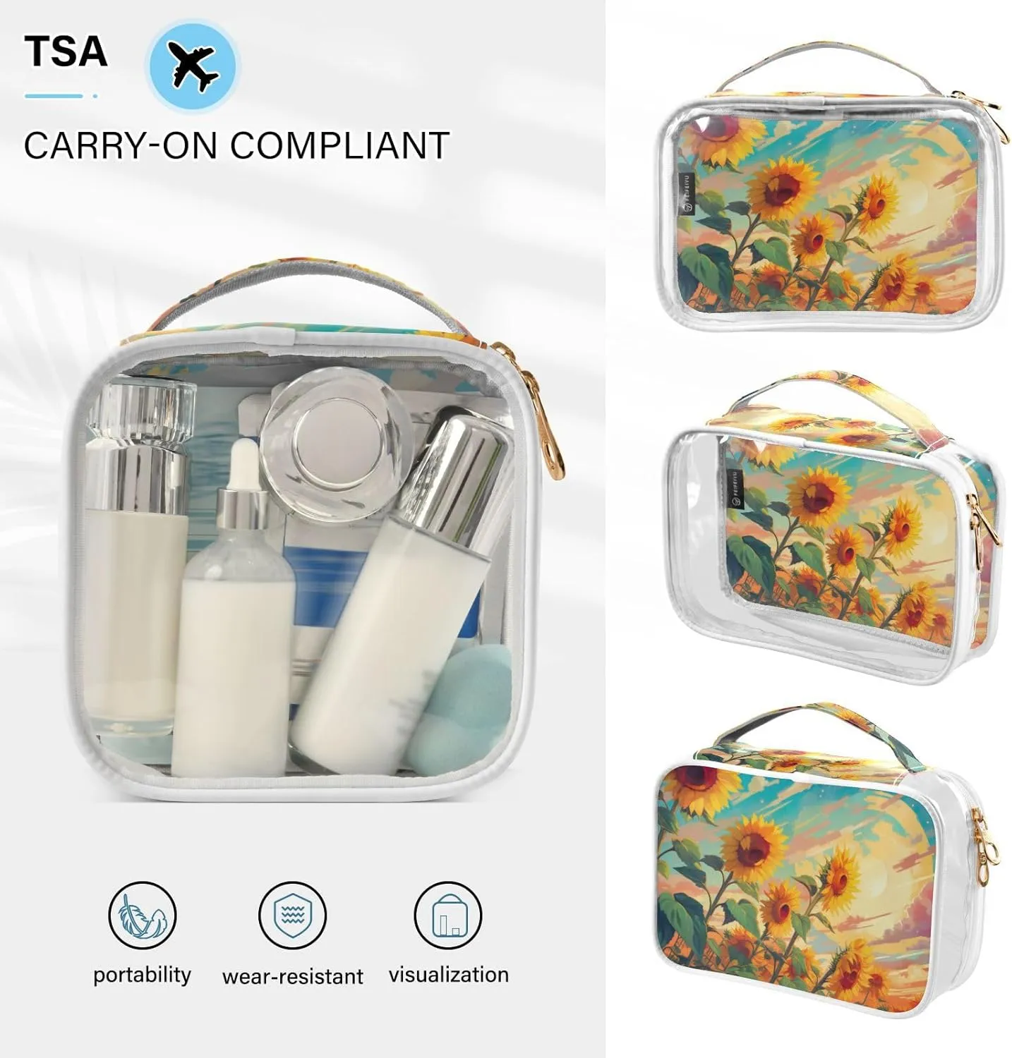 GAIGEO Bunch of Sunflowers Growing from the Sky Makeup Clear Travel Bag, Toiletry Bag for Car, Makeup Travel Bags for Women, 2 Pack