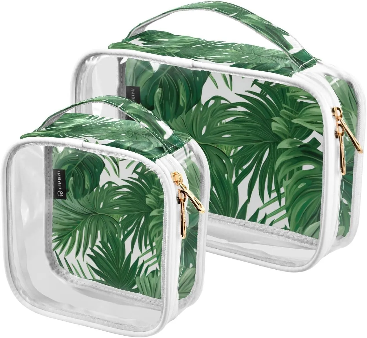GAIGEO Green Monstera Tropical Palm Leaves Portable Travel Bag Organizer, Clear Zipper Bags for Travel, Travel Essentials for Women Toiletries, 2 Pack
