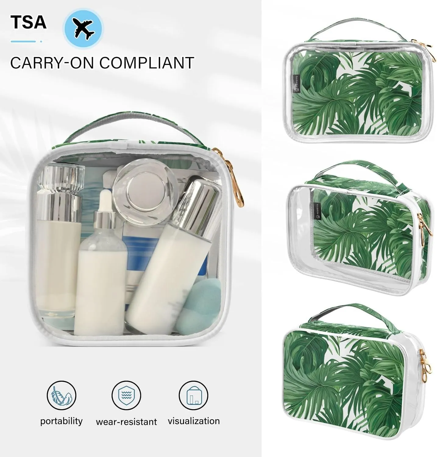 GAIGEO Green Monstera Tropical Palm Leaves Portable Travel Bag Organizer, Clear Zipper Bags for Travel, Travel Essentials for Women Toiletries, 2 Pack