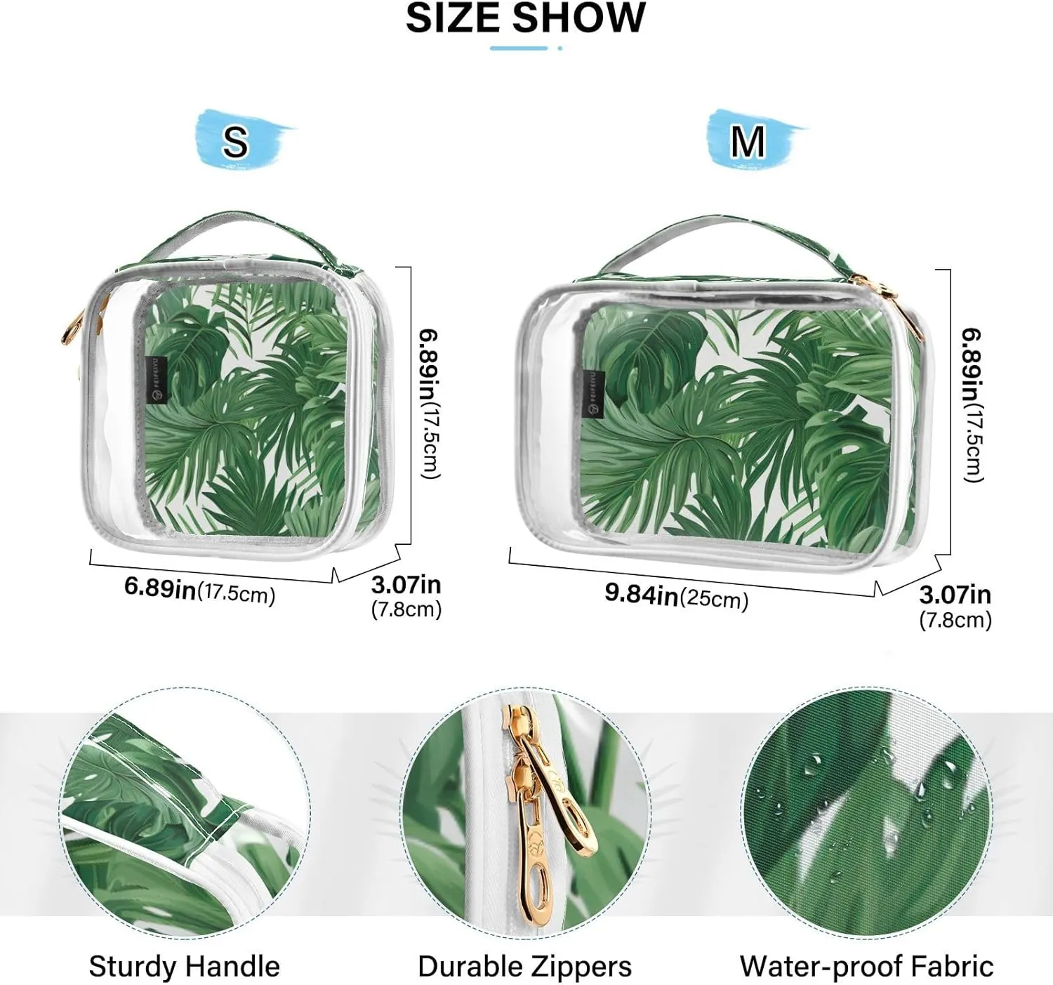 GAIGEO Green Monstera Tropical Palm Leaves Portable Travel Bag Organizer, Clear Zipper Bags for Travel, Travel Essentials for Women Toiletries, 2 Pack