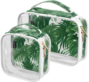 GAIGEO Green Monstera Tropical Palm Leaves Portable Travel Bag Organizer, Clear Zipper Bags for Travel, Travel Essentials for Women Toiletries, 2 Pack