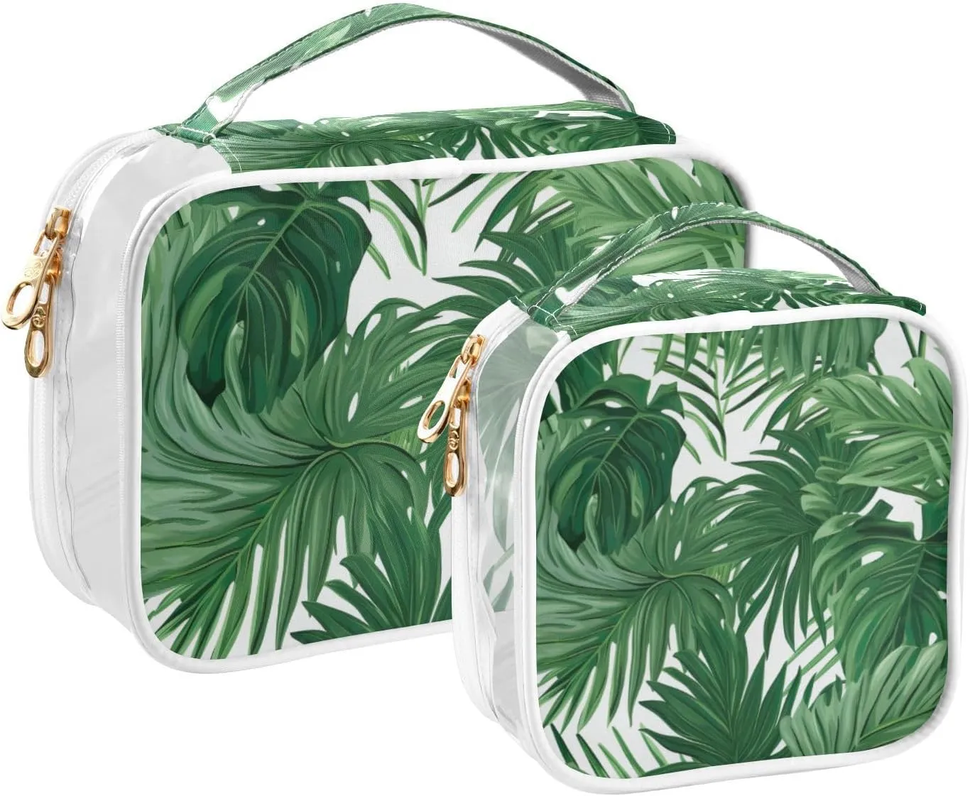 GAIGEO Green Monstera Tropical Palm Leaves Portable Travel Bag Organizer, Clear Zipper Bags for Travel, Travel Essentials for Women Toiletries, 2 Pack