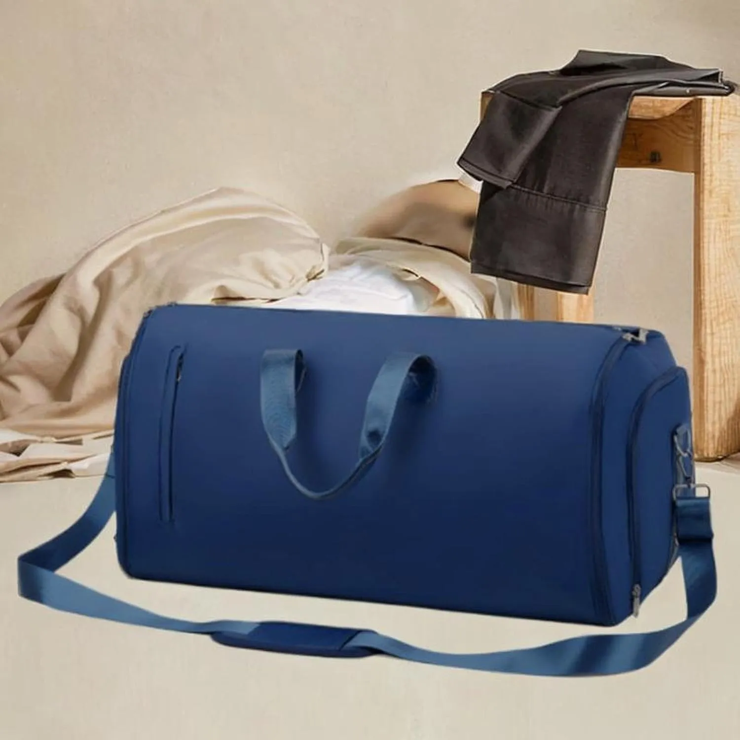 Garment Bag Weekender Bag Leather Duffle Bag for Hiking Outdoor Backpacking Trip, Dark Blue