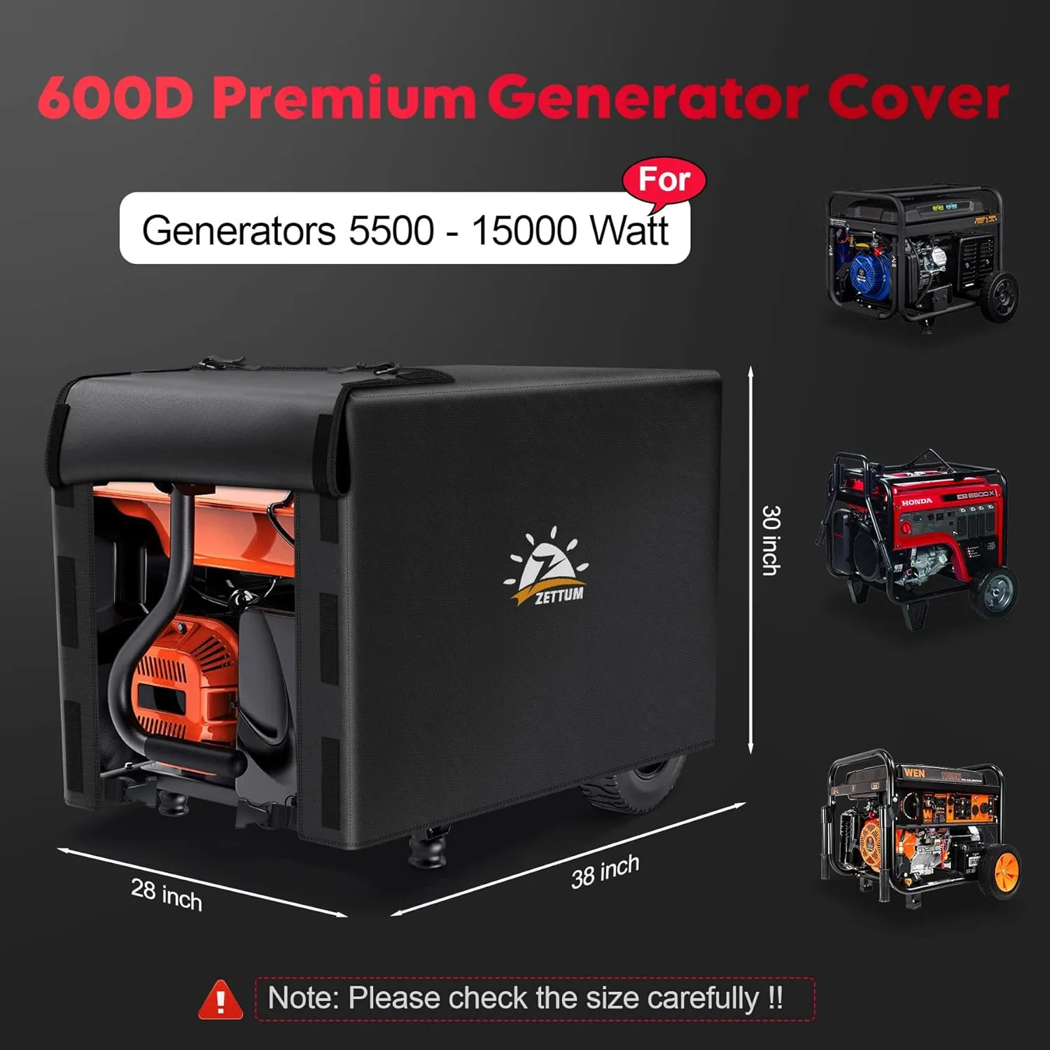 Generator Cover 38 Inch - 600D Outdoor Generator Covers Heavy Duty Waterproof, Small Outside Equipment Cover for DuroMax, Westinghouse, Champion, Predator, Honda Portable Generator 5500-15000W
