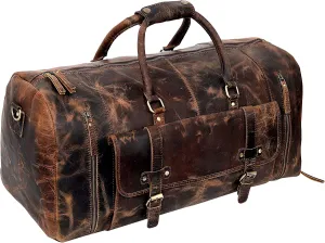 Genuine buffalo Leather Travel Duffel Bag, Large Handcrafted Weekender, vintage Overnight Bag for Men with Shoe Compartment, Detachable Shoulder Strap & Internal Sections for Cards & Cell Phone