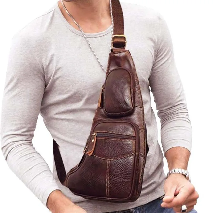 Genuine Leather Chest Bag For Men Leather Shoulder Bag Personality Messenger Bag  Casual Bag
