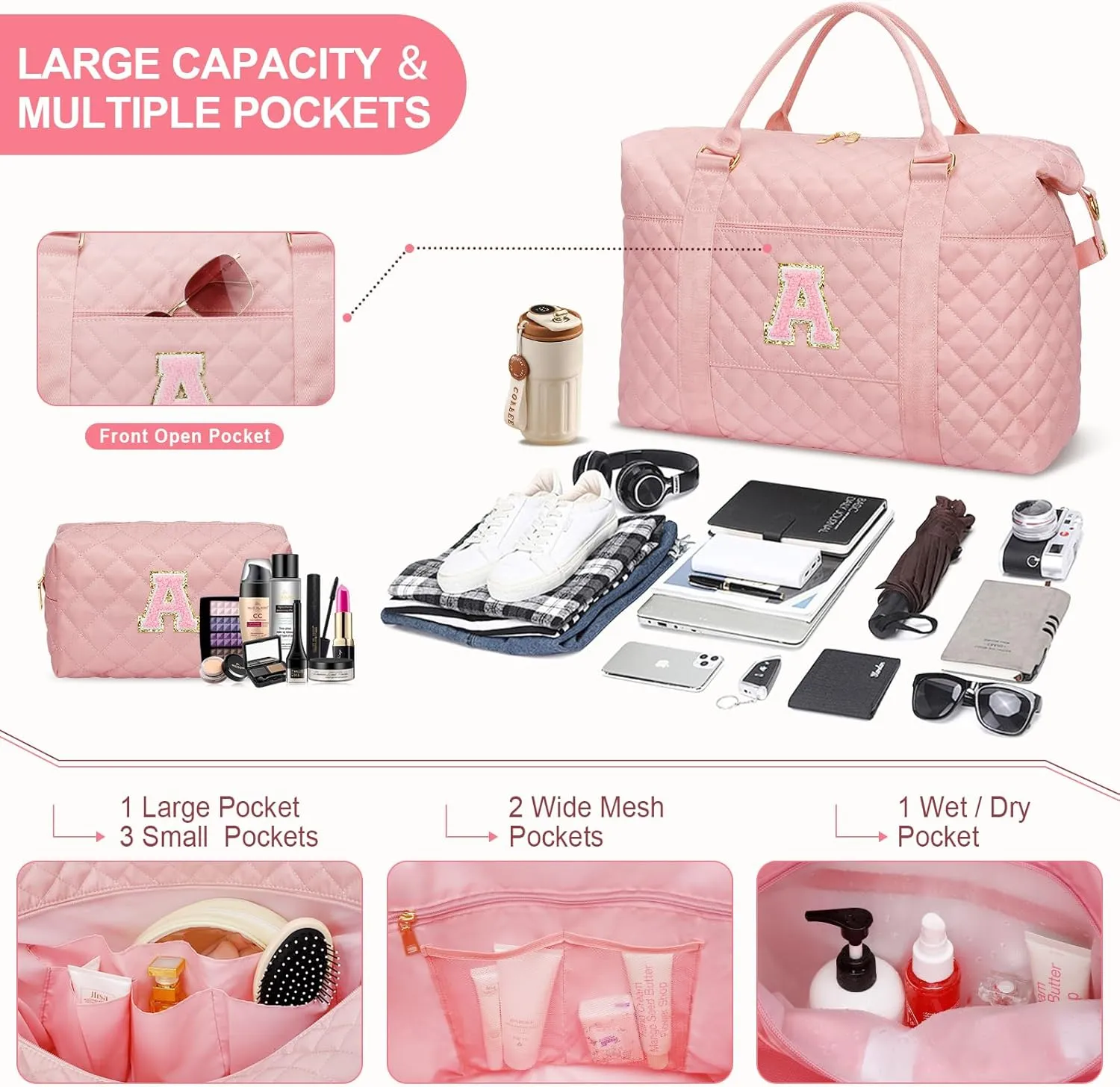 Gift for Women, Initial Travel Duffel ＆ Weekender Bag for Girls, Personalized Carry On Overnight Bag with Makeup Pouch for Gym Hospital(Pink,A)
