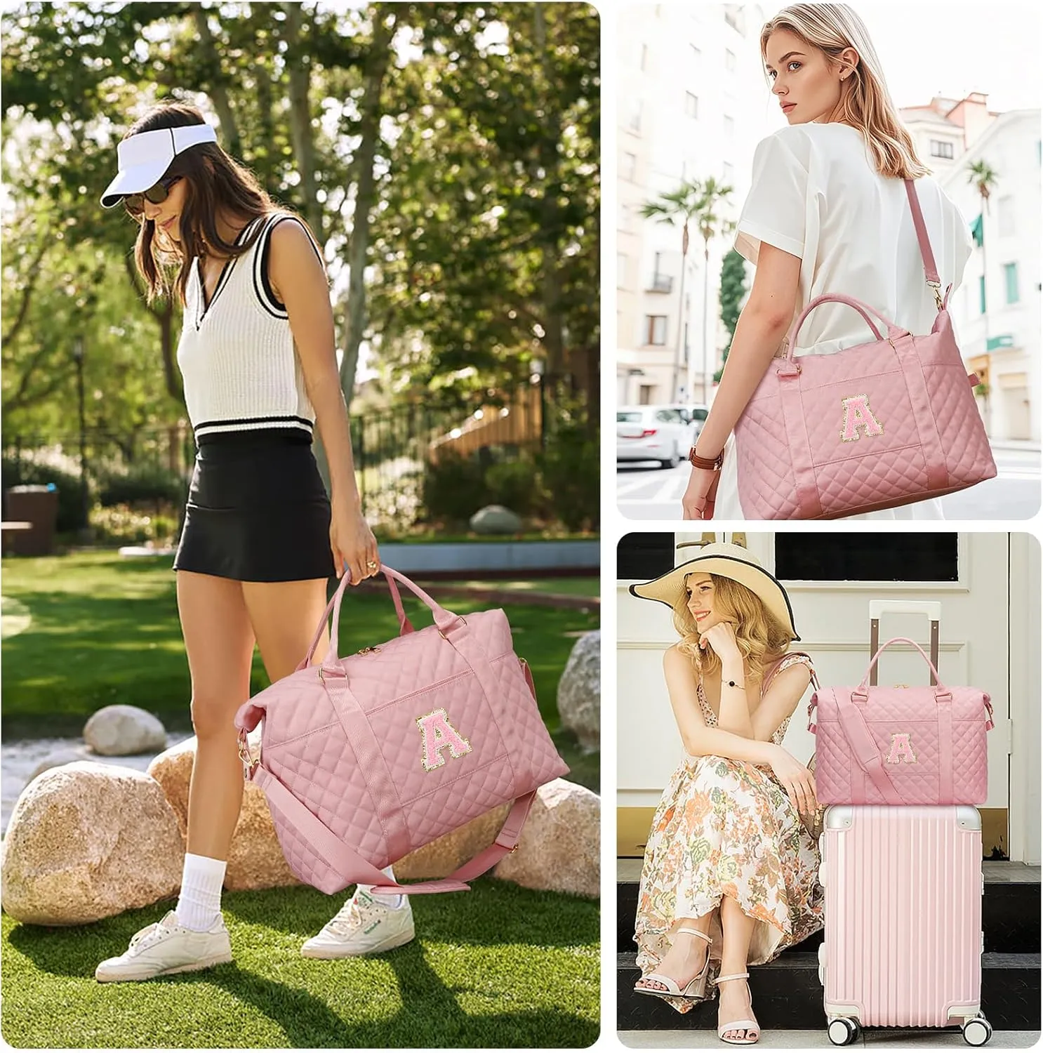 Gift for Women, Initial Travel Duffel ＆ Weekender Bag for Girls, Personalized Carry On Overnight Bag with Makeup Pouch for Gym Hospital(Pink,A)