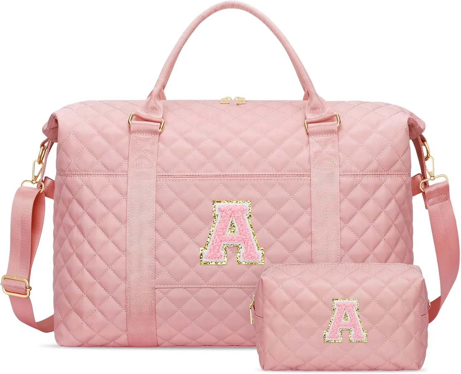 Gift for Women, Initial Travel Duffel ＆ Weekender Bag for Girls, Personalized Carry On Overnight Bag with Makeup Pouch for Gym Hospital(Pink,A)