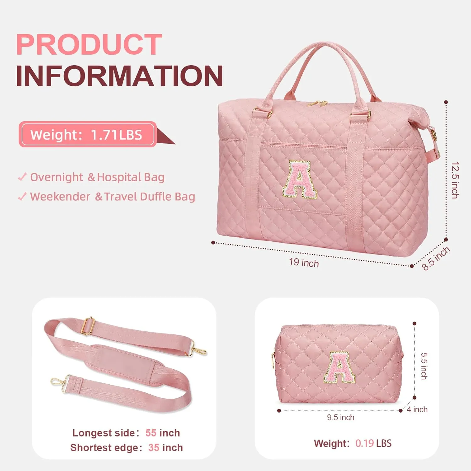 Gift for Women, Initial Travel Duffel ＆ Weekender Bag for Girls, Personalized Carry On Overnight Bag with Makeup Pouch for Gym Hospital(Pink,A)